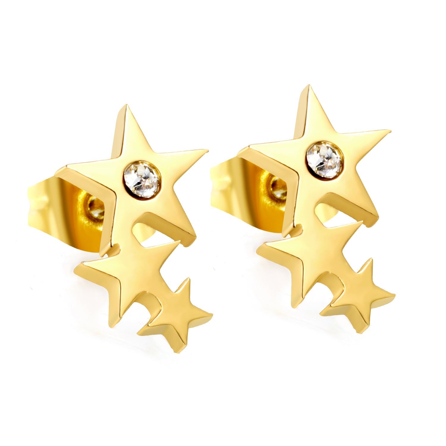 Three large and small stars with diamond earrings 7.6 * 12.3mm steel color / gold color asonjewelry